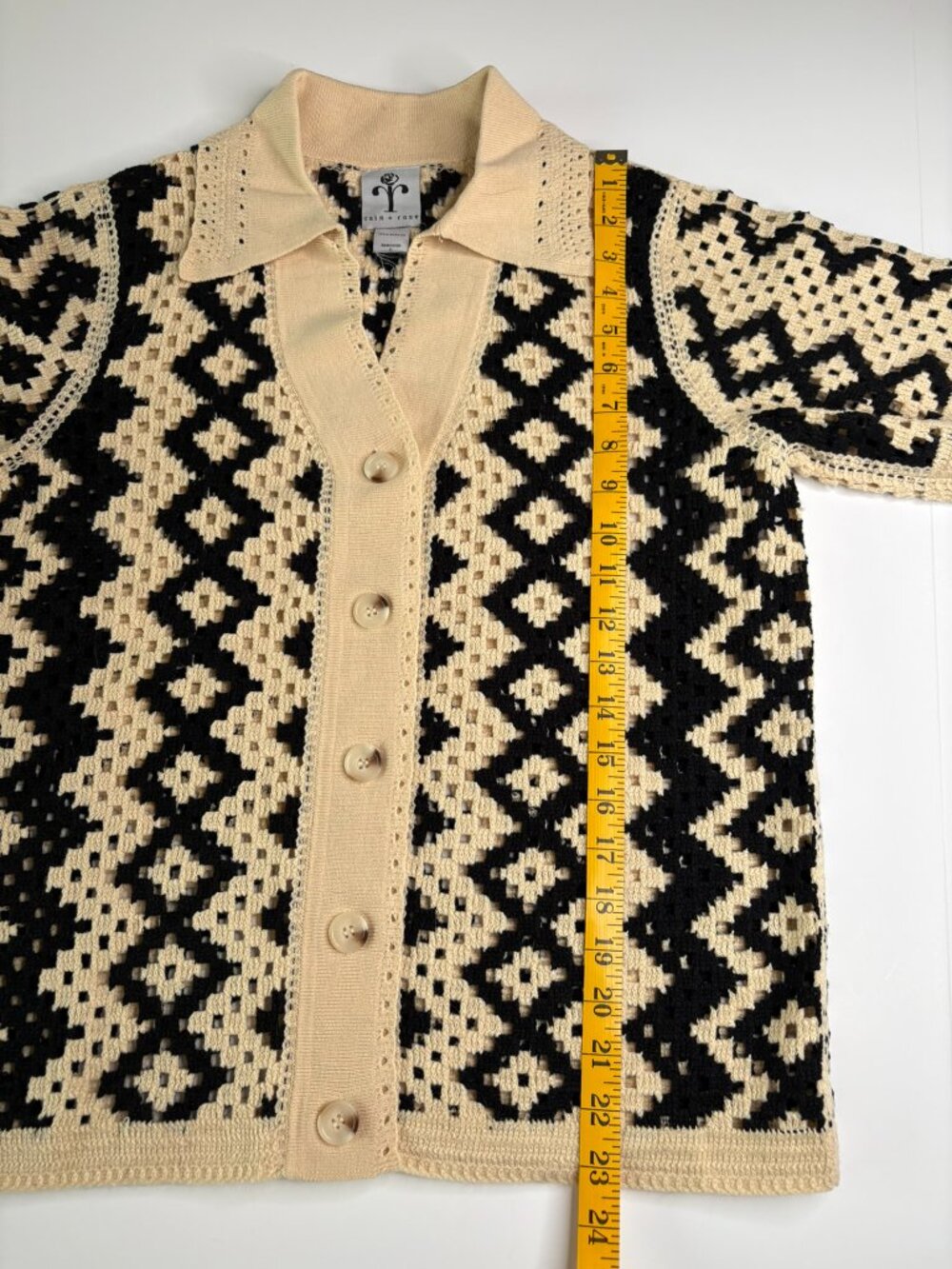 Rain + Rose Crochet Button Up Top – Black & Cream – Size Small – Textured Knit - Picture 10 of 12